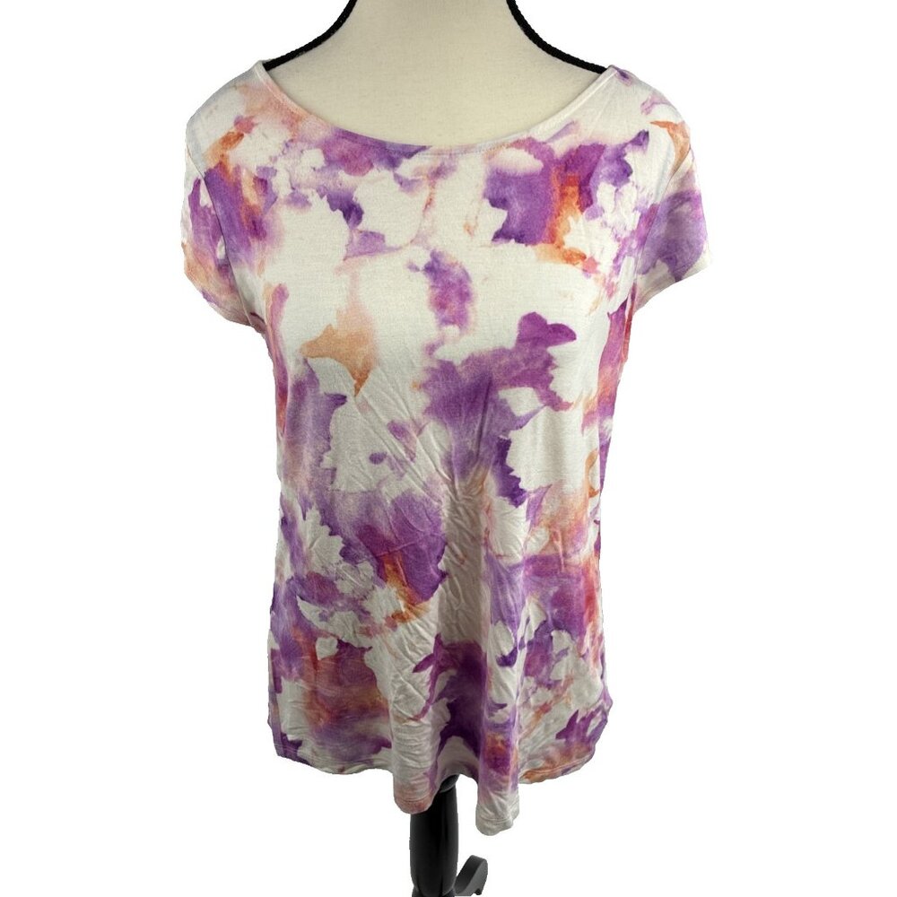 Liz Claiborne Womens Top Medium Pink Purple Floral Stretch Short Sleeve